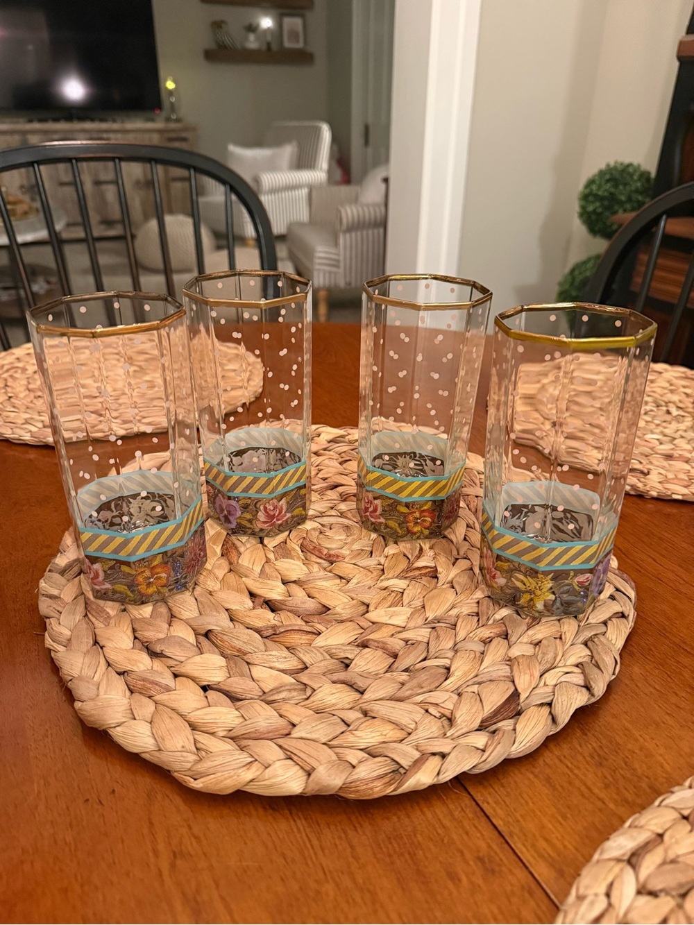 Mackenzie Childs Garland Polka Dot Floral Highball Glasses - Set of 4